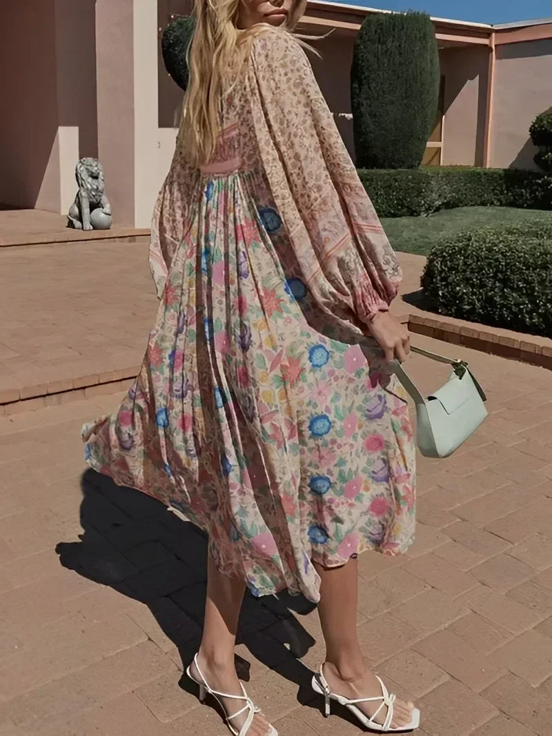 Pink Floral Square Collar Short Sleeve Boho Dress 2