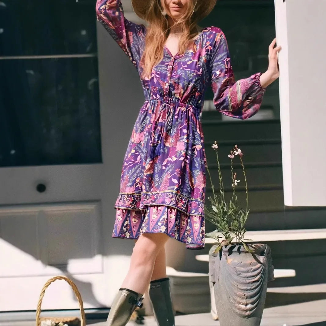 Purple Floral Button Ruffles Boho Mini Dress Purple / S bohodress-250126
