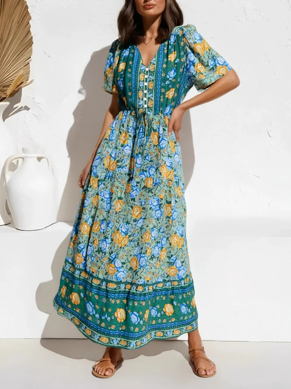 Floral Print V-Neck Puff Sleeve Button-Front Maxi Dress