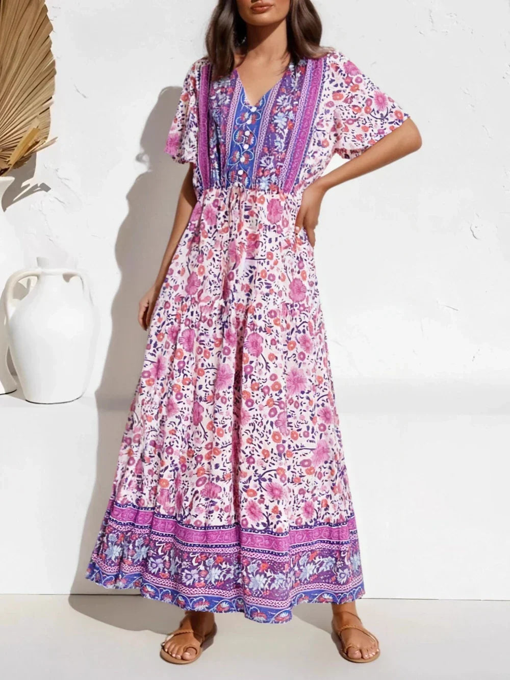 Purple Floral Print Short Sleeve Tassel Ruffles Rayon Maxi Boho Dress purple / S bohodress-250126