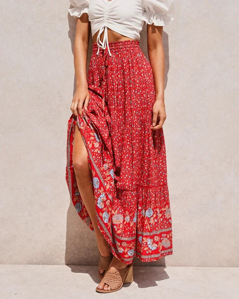 Red Floral Print Beach Bohemian High Waist Rayon Skirt