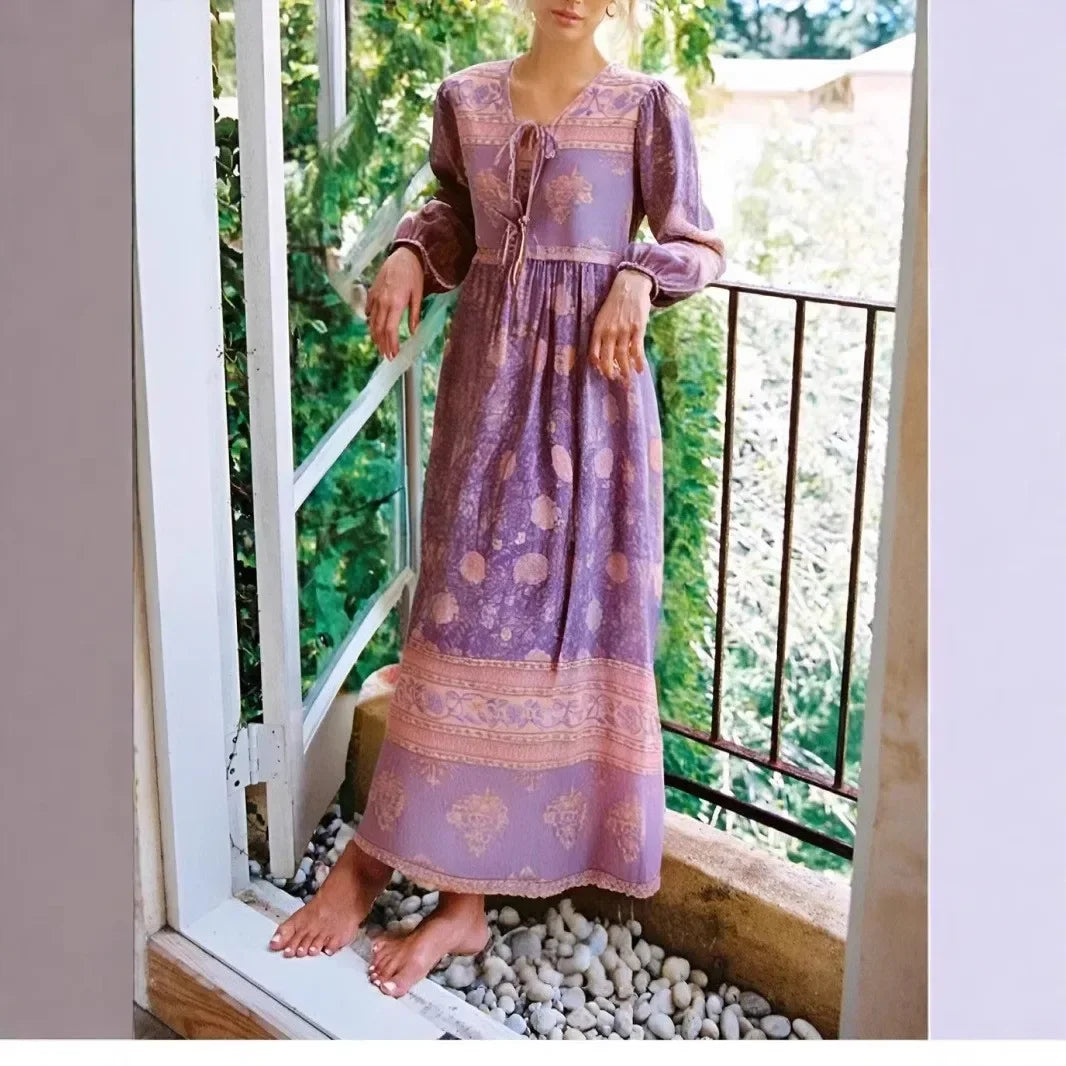Red Floral Print Sashes Rayon Cotton Pleated Maxi Boho Dress Purple / S bohodress-250126