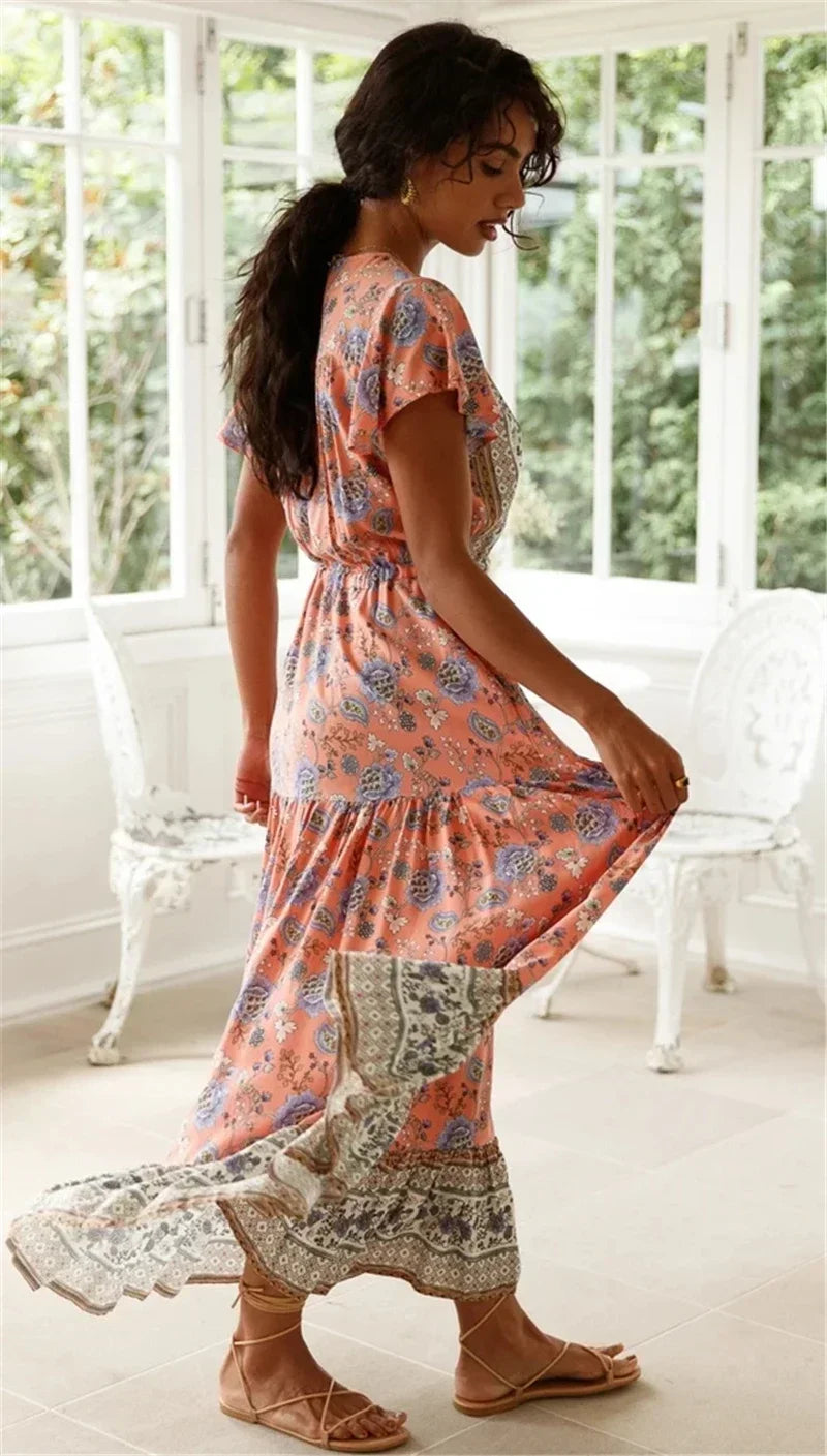 Floral Print V-Neck Short Sleeve Tiered Maxi Dress