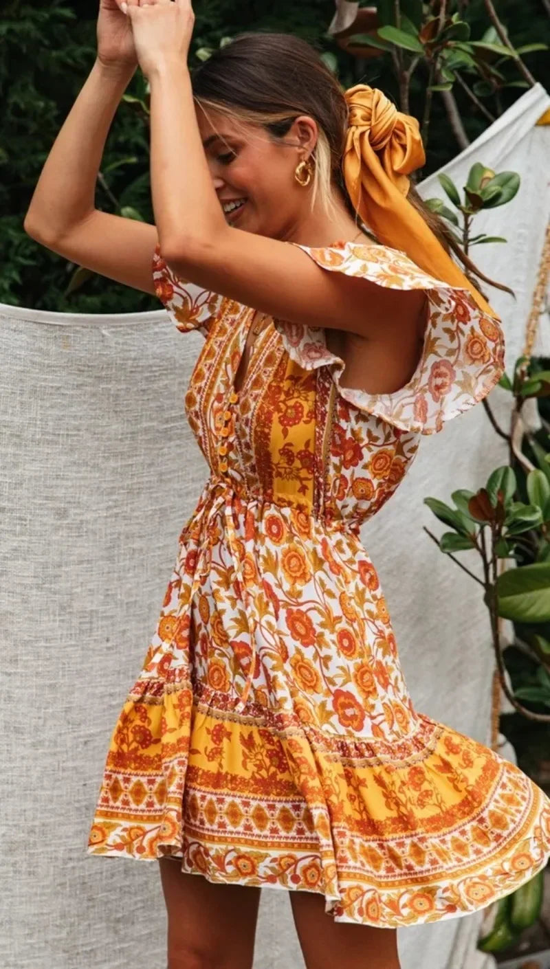 Floral Print V-Neck Flutter Sleeve Tiered Mini Dress 3