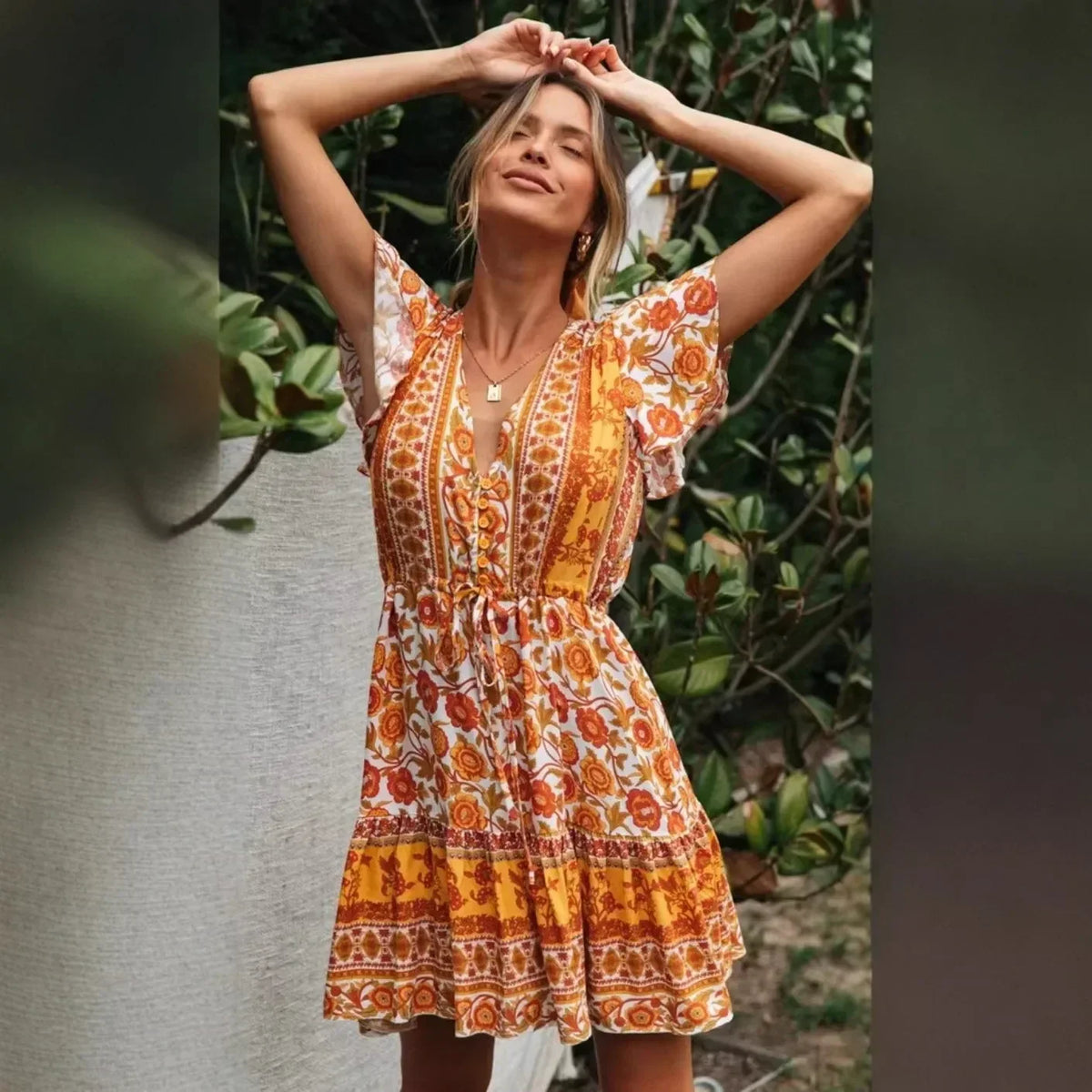 Floral Print V-Neck Flutter Sleeve Tiered Mini Dress 2