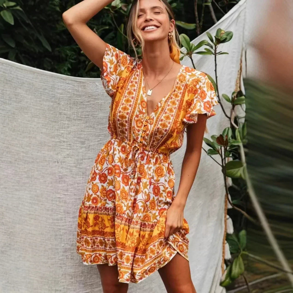 Floral Print V-Neck Flutter Sleeve Tiered Mini Dress