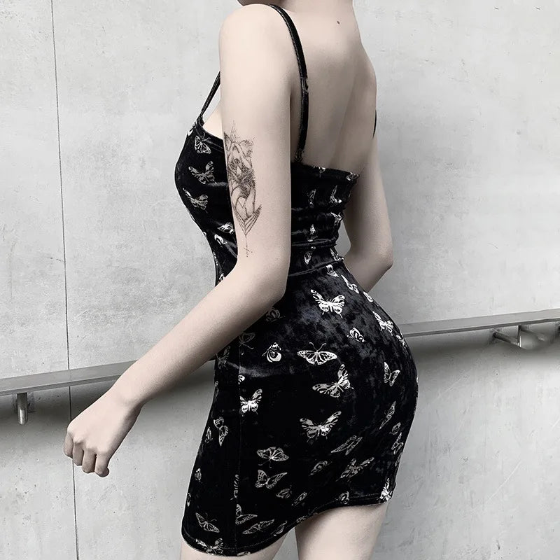 Butterfly Print Velvet Square Neck Bodycon Mini Dress