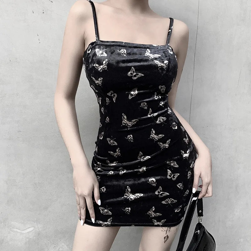 Butterfly Print Velvet Square Neck Bodycon Mini Dress