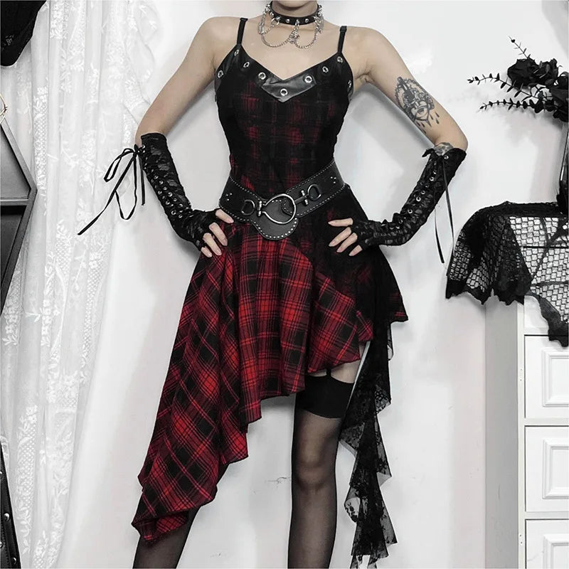 Plaid High Low Asymmetric Hem Cami Mini Dress