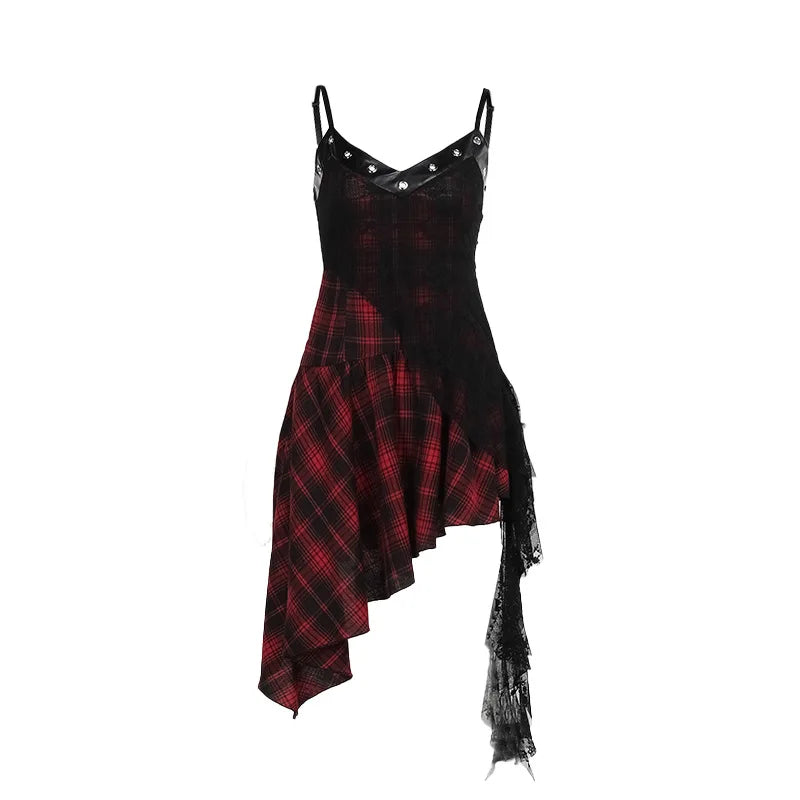 Plaid V-Neck Spaghetti Strap Asymmetric Hem Dress 5