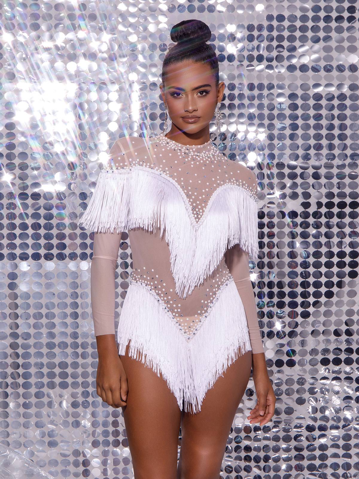 Harlan Crystal Fringe Mini Dress In Light Nude & White