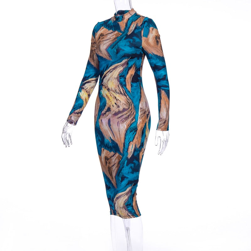 Abstract Print High Neck Long Sleeve Bodycon Dress