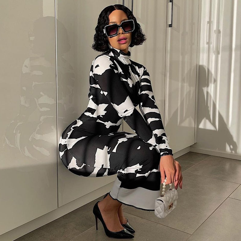 Abstract Print High Neck Long Sleeve Bodycon Maxi Dress 3