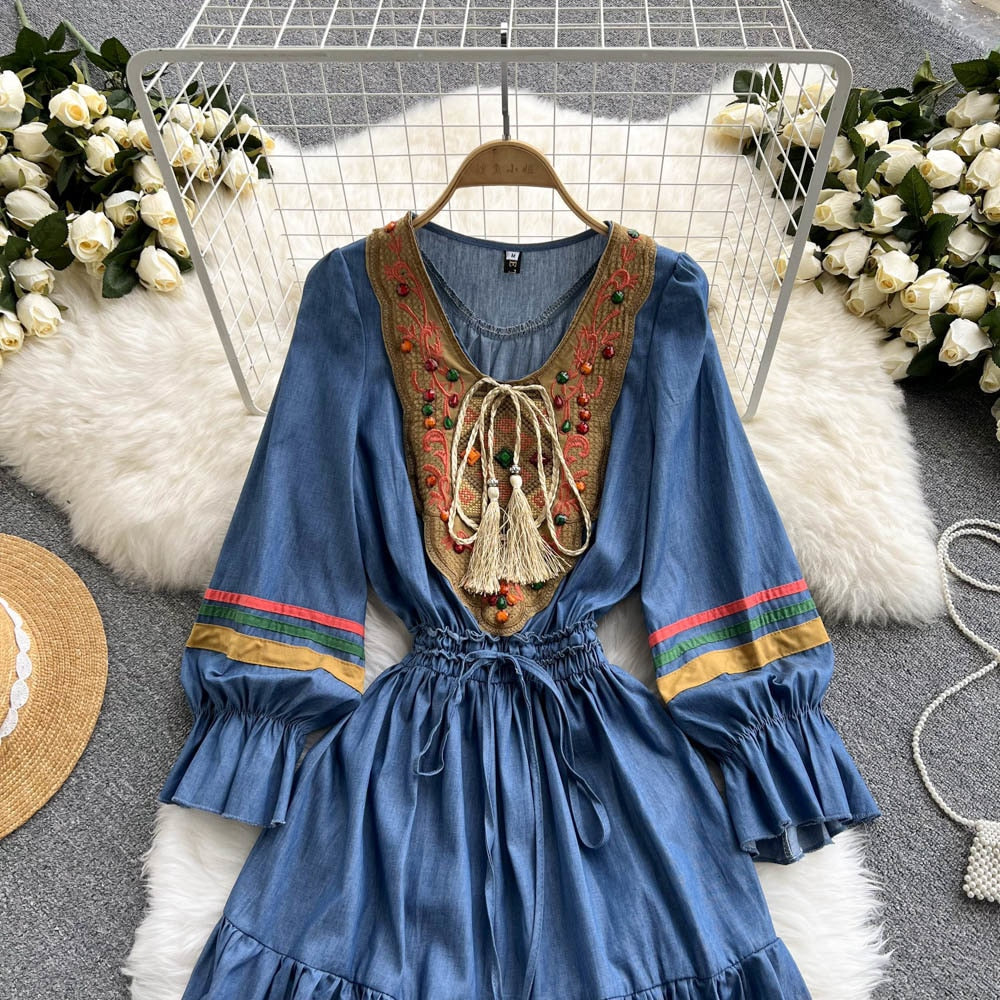 Embroidered Round Neck Long Sleeve Tiered Midi Dress