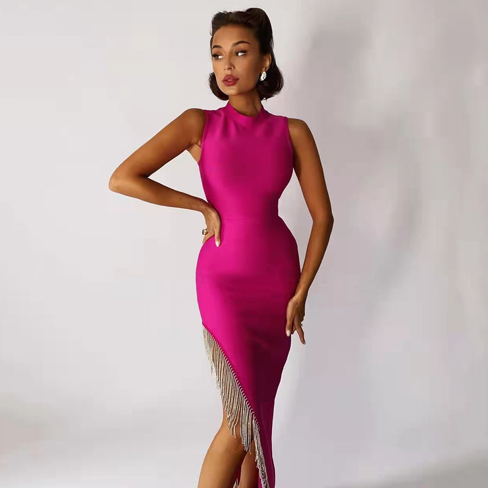 Bandage Rhinestone Fringe High Split Maxi Dress 8