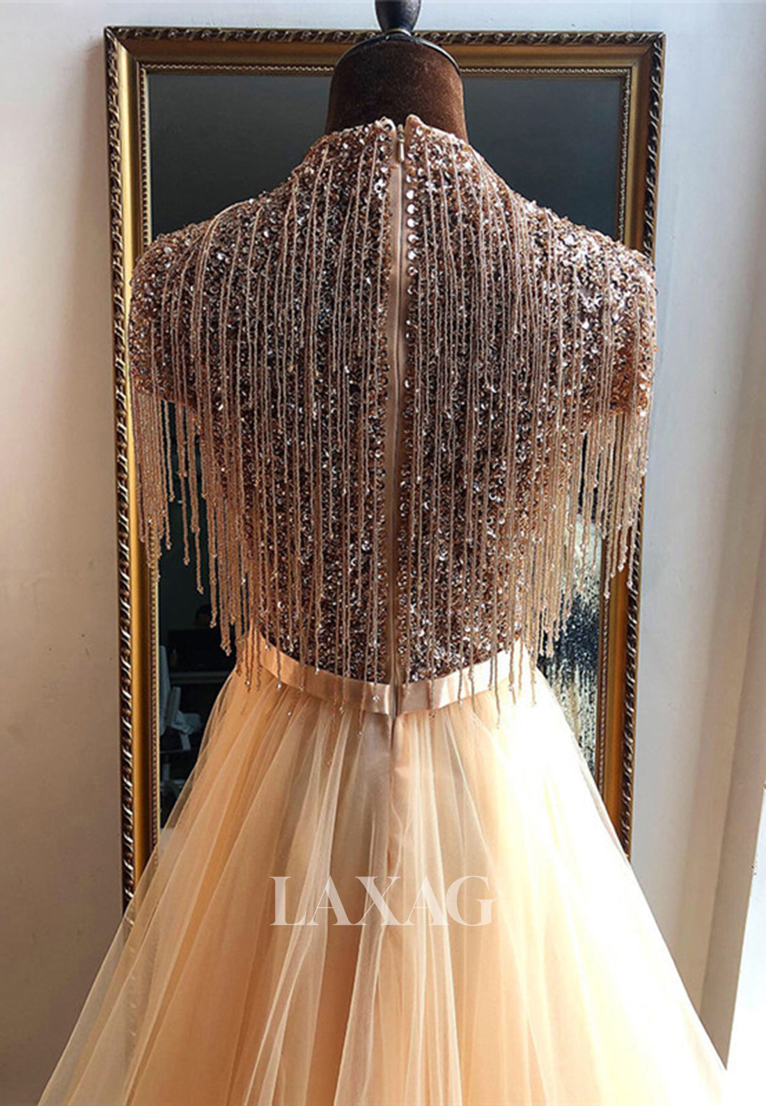 Unique High-Neck Cap-Sleeves Sequins Beaded Pleated Tulle A-Line Formal Evening Dress - Fashionpara