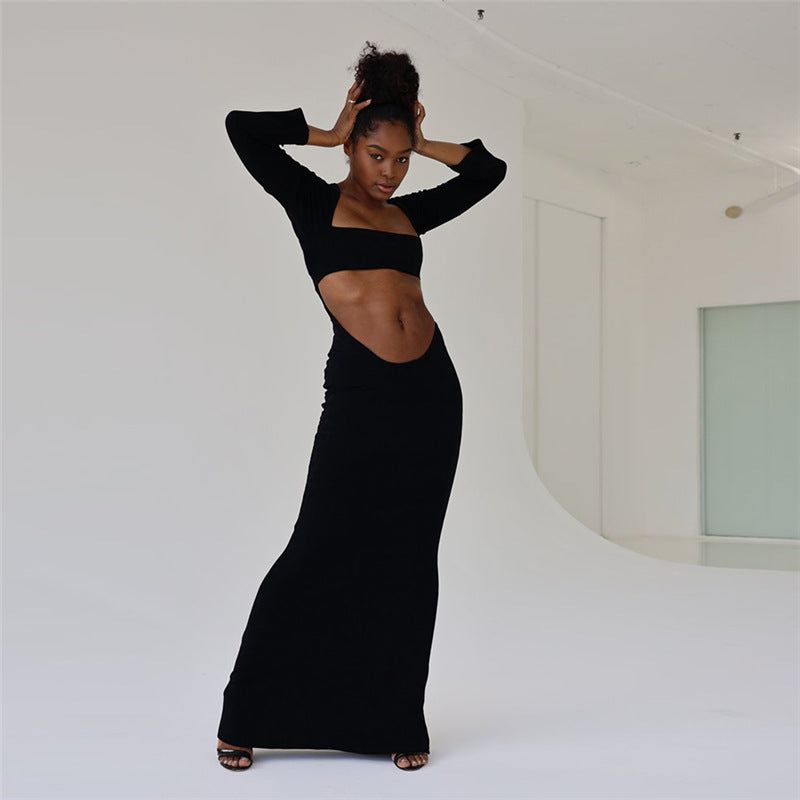 Square-Neck Long-Sleeve Midriff Cutout Bodycon Maxi Dress 4