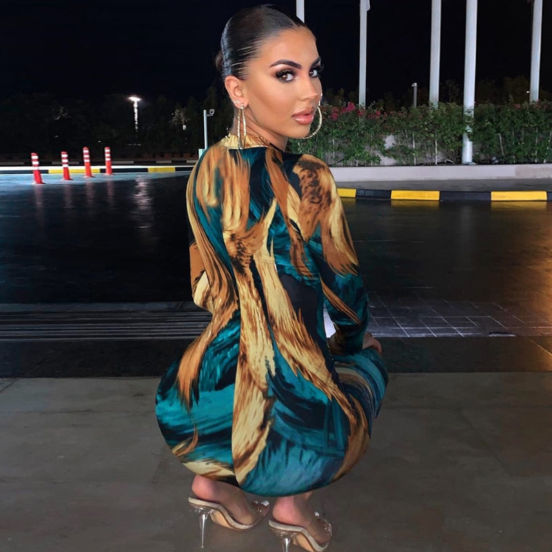 Abstract Print High Neck Long Sleeve Bodycon Dress