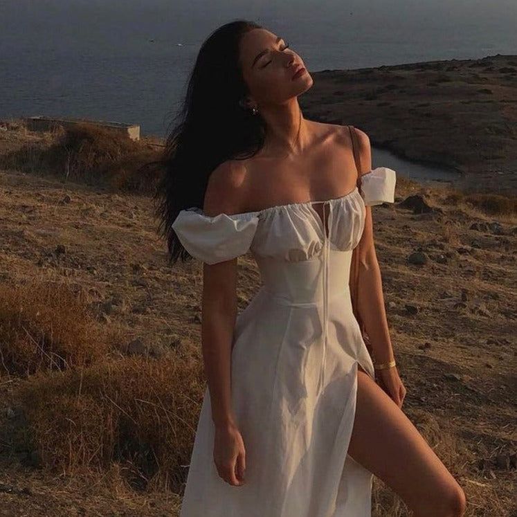 Ruched Bust Square Neck Puff Sleeve Split Midi Dress 3