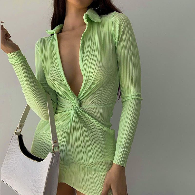 Ribbed Collared Deep V Twist-Front Long Sleeve Dress