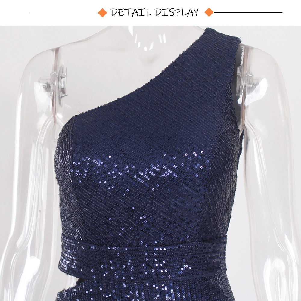 Sequin One-Shoulder Cutout High Slit Maxi Gown 11
