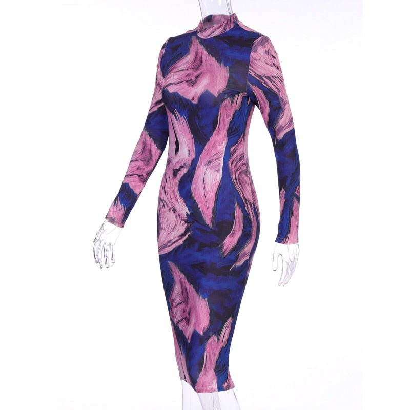 Abstract Print High Neck Long Sleeve Bodycon Dress