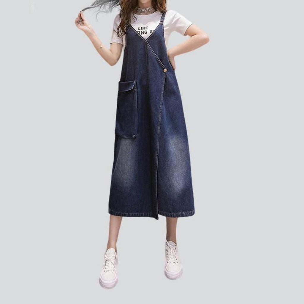 Denim Strappy Patch-Pocket Pinafore Midi Dress 3