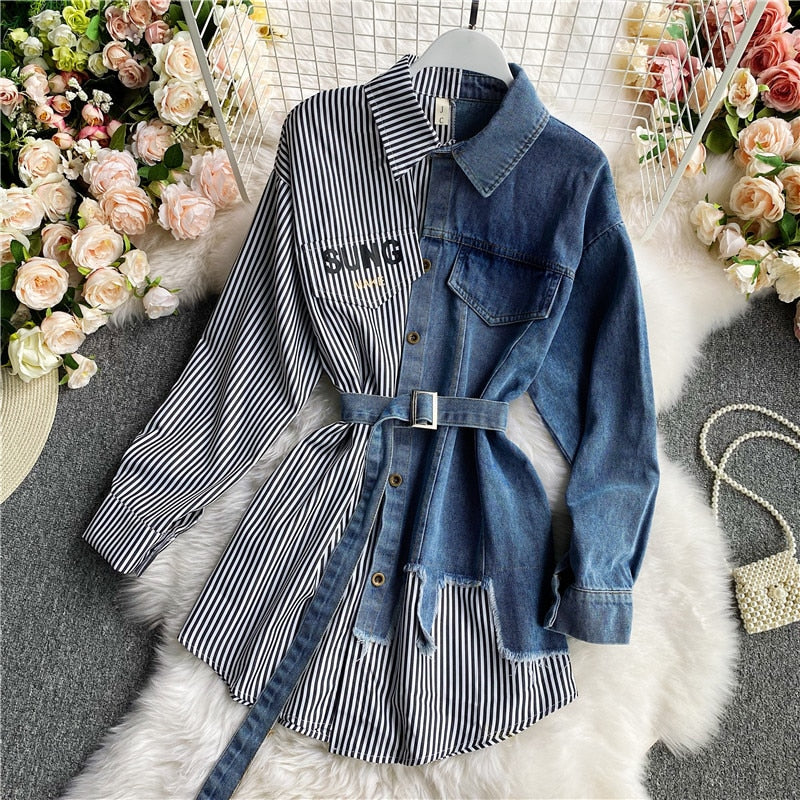 Women's Blouse Autumn Long Sleeve Shirt Tops Jeans Patchwork Plaid Blouses Elegantes Blusas para mujer Slim Shirt Dress - Fashionpara