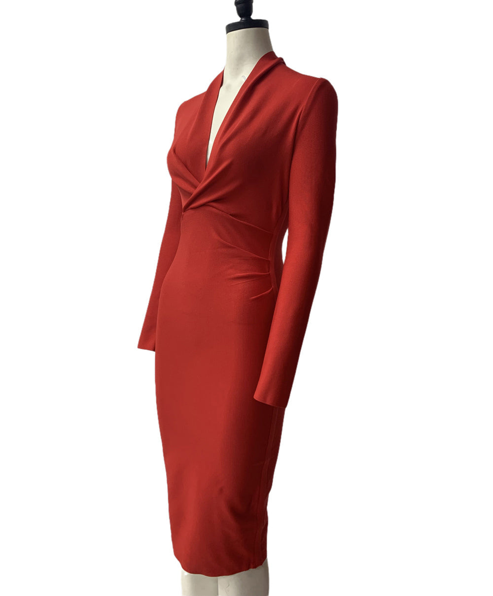 Deep V-Neck Long Sleeve Ruched Bodycon Midi Dress 15