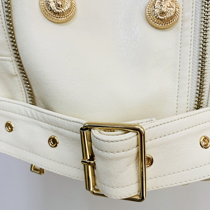 Edgy Vegan Leather Biker Jacket with Gold Buttons