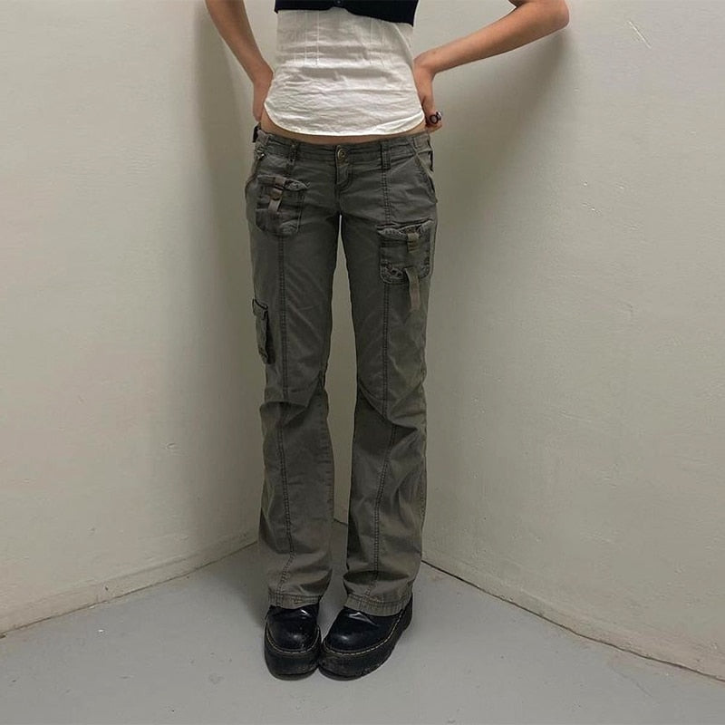 KittenAlarm - Mojoyce Retro Grunge Cargo Denim Jeans Streetwear Korean Vintage 90s Low Waist Trousers Aesthetic 90s Straight Pants Cuteandpsycho