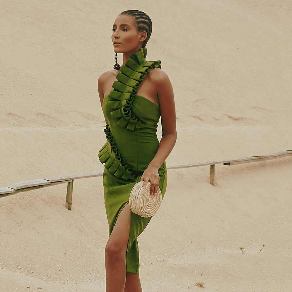 One Shoulder Ruffle Trim Bodycon Midi Dress