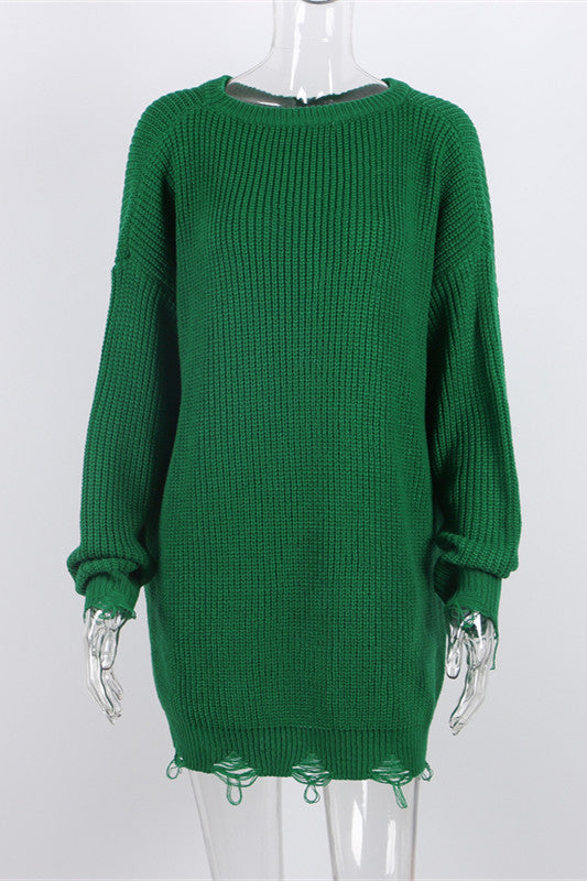 Ripped O Neck Oversized Sweater Dress for Effortless Style