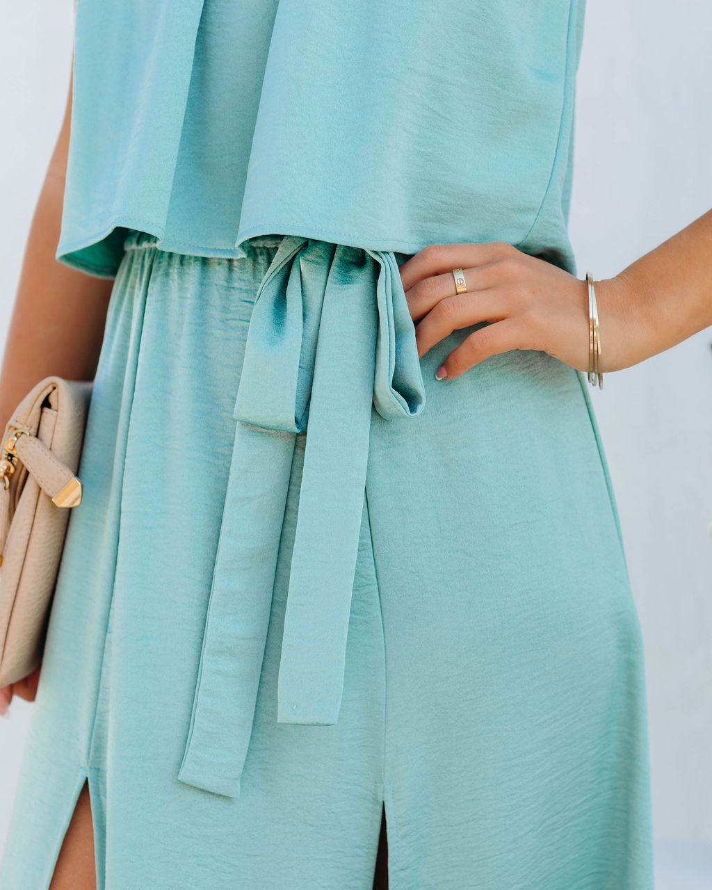 Strapless Fold Over Tie Waist Slit Maxi Dress