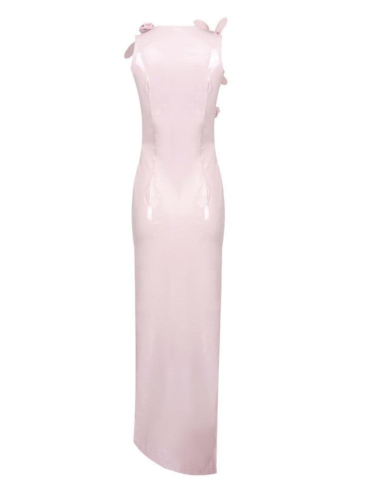 Latex One-Shoulder Rosette Cut-Out High-Slit Maxi Dress 7