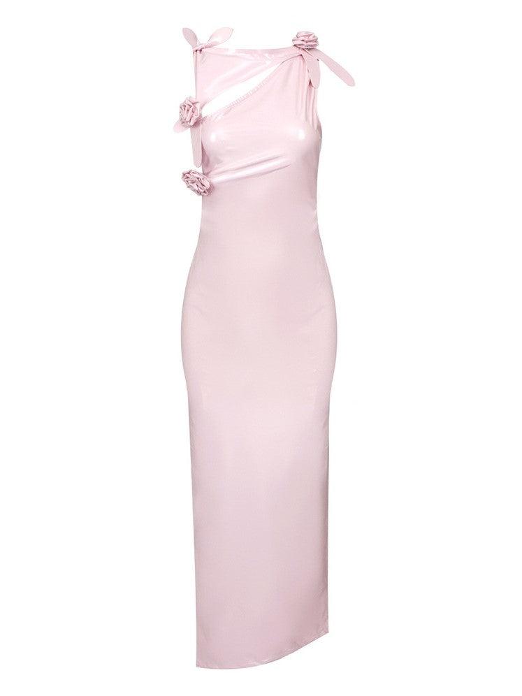 Latex One-Shoulder Rosette Cut-Out High-Slit Maxi Dress 6