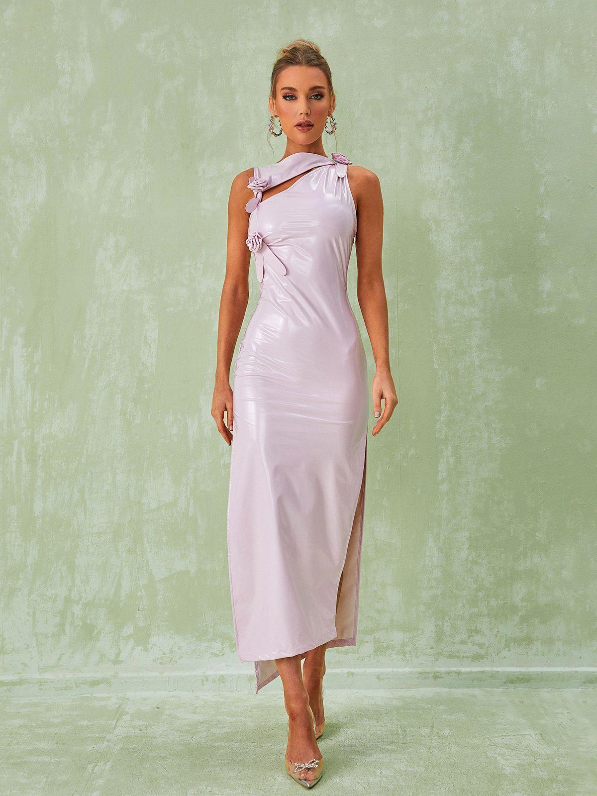 Latex One-Shoulder Rosette Cut-Out High-Slit Maxi Dress 2