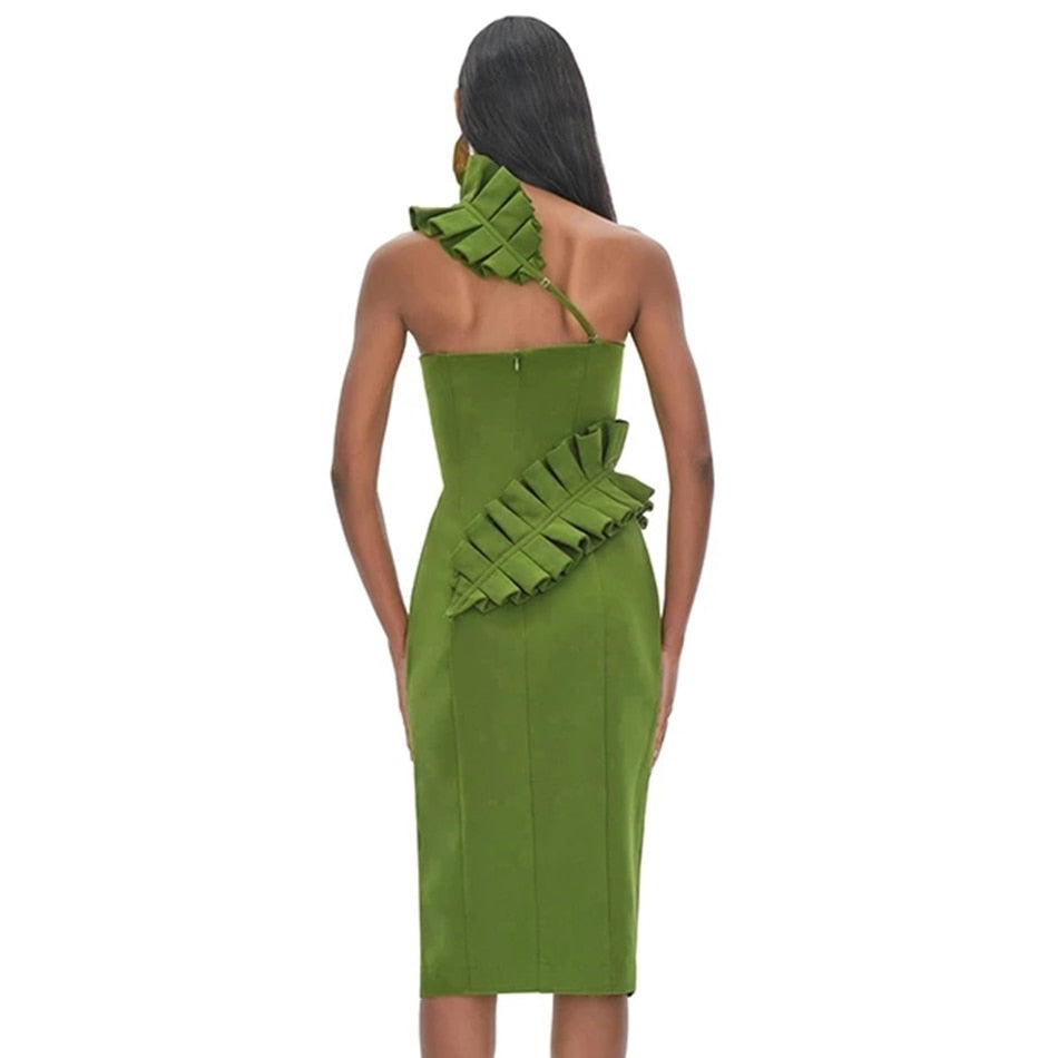 Ruffle Trim One Shoulder High Split Bodycon Midi Dress 4