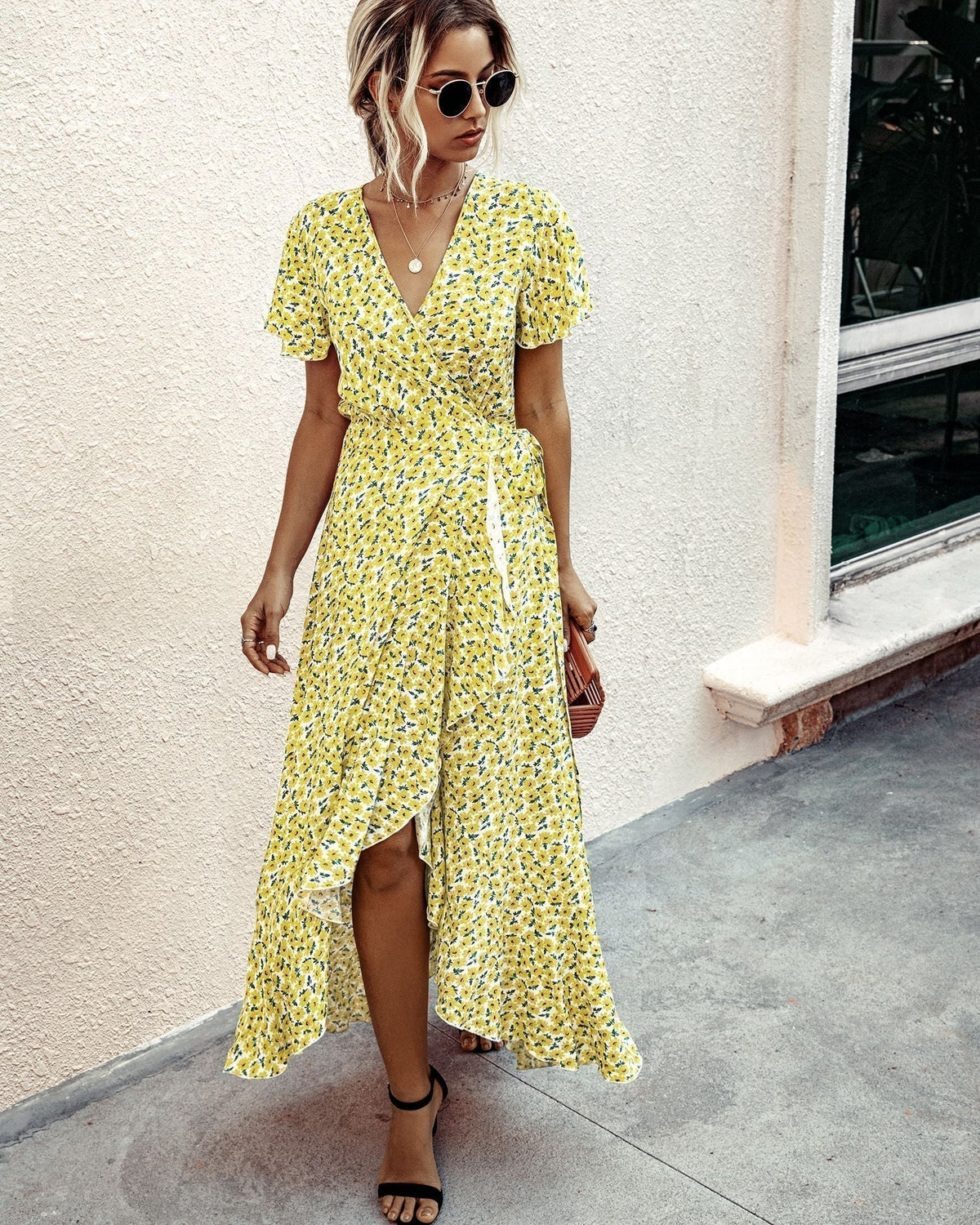 Ditsy Floral V-Neck Flutter Sleeve High-Low Maxi Dress 20