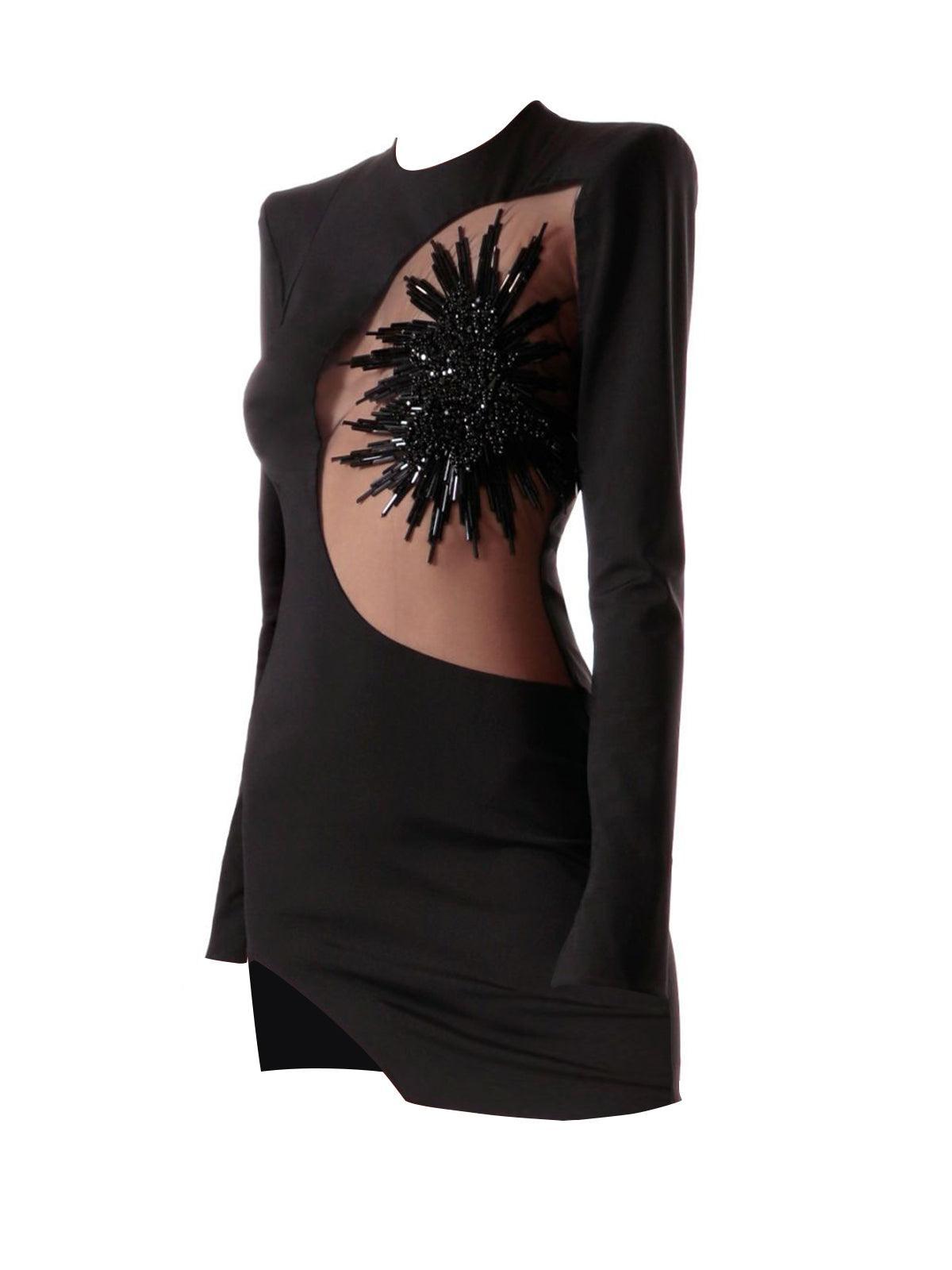 Long Sleeve Crew Neck Mesh Cut Out Sequin Starburst Bandage Mini Dress - View 7