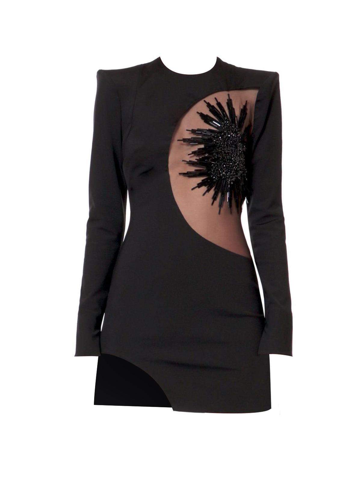 Long Sleeve Crew Neck Mesh Cut Out Sequin Starburst Bandage Mini Dress - View 6