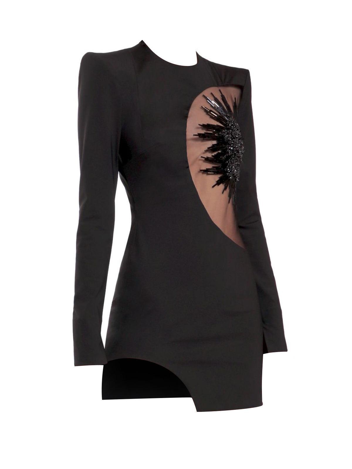 Long Sleeve Crew Neck Mesh Cut Out Sequin Starburst Bandage Mini Dress - View 8