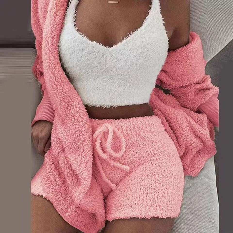 Sexy Fluffy Autumn Piece Sweatshirt Backless Plush Home Sports Women Pyjamas Wear Winter Fleece