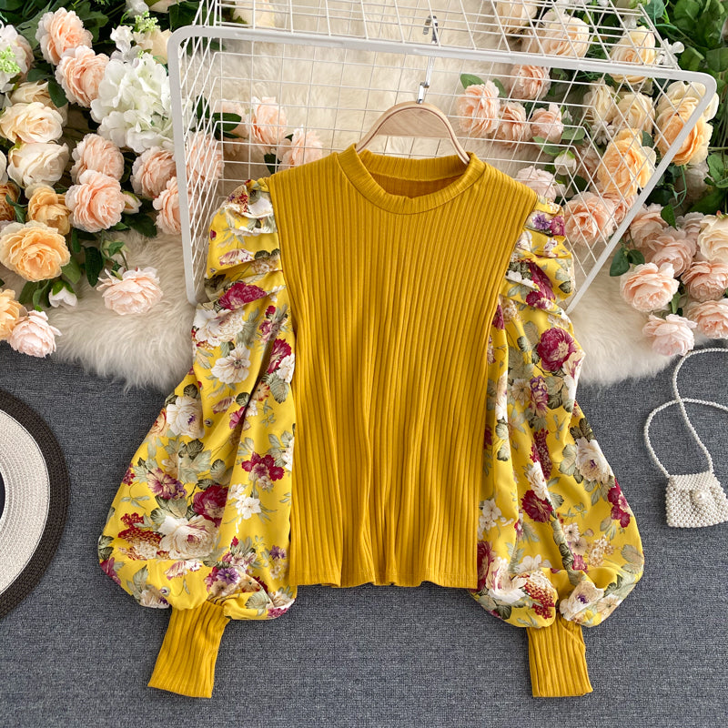 Puff Sleeve Stitching Patchwork O-Neck Slim Fit Blouse - Fashionpara