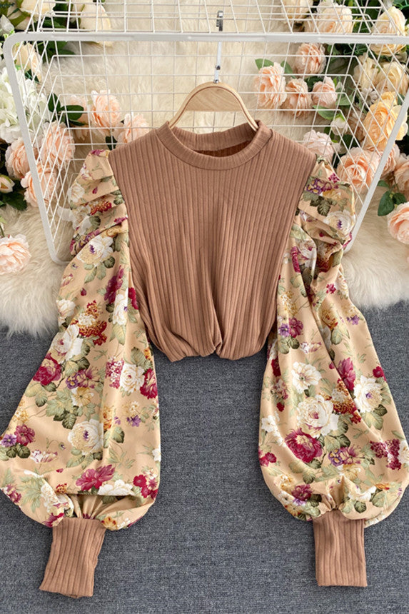 Puff Sleeve Stitching Patchwork O-Neck Slim Fit Blouse - Fashionpara