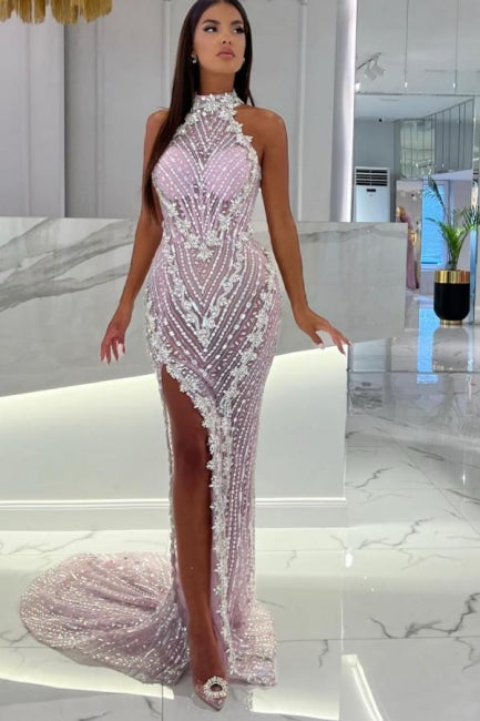 Unique Mermaid High Neck Pink High Split Prom Dress - Fashionpara