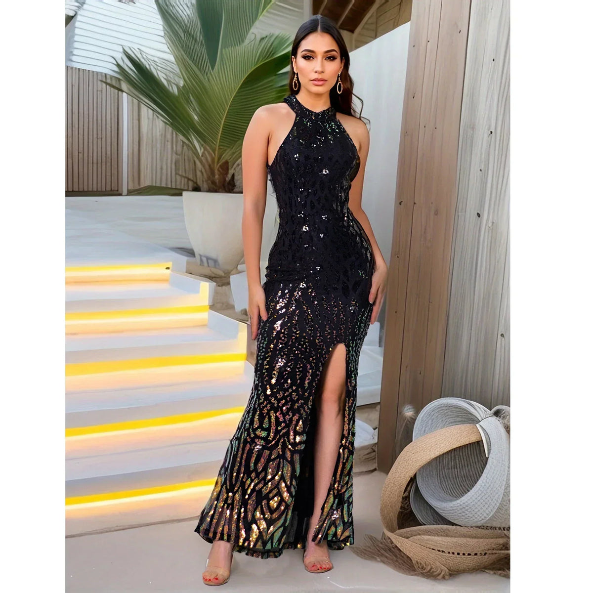 Sequin Halter Neck High Split Mermaid Gown 7