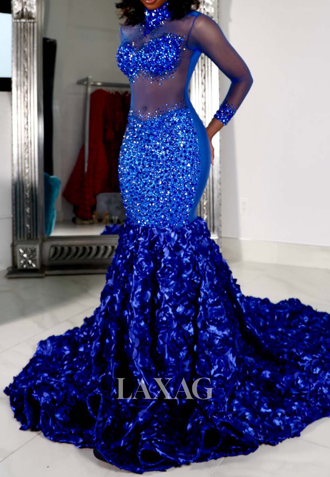 High-Neck Long Sleeves Beaded Sequined illusion Appliques Mermaid Prom Dress for Black Girl Slay