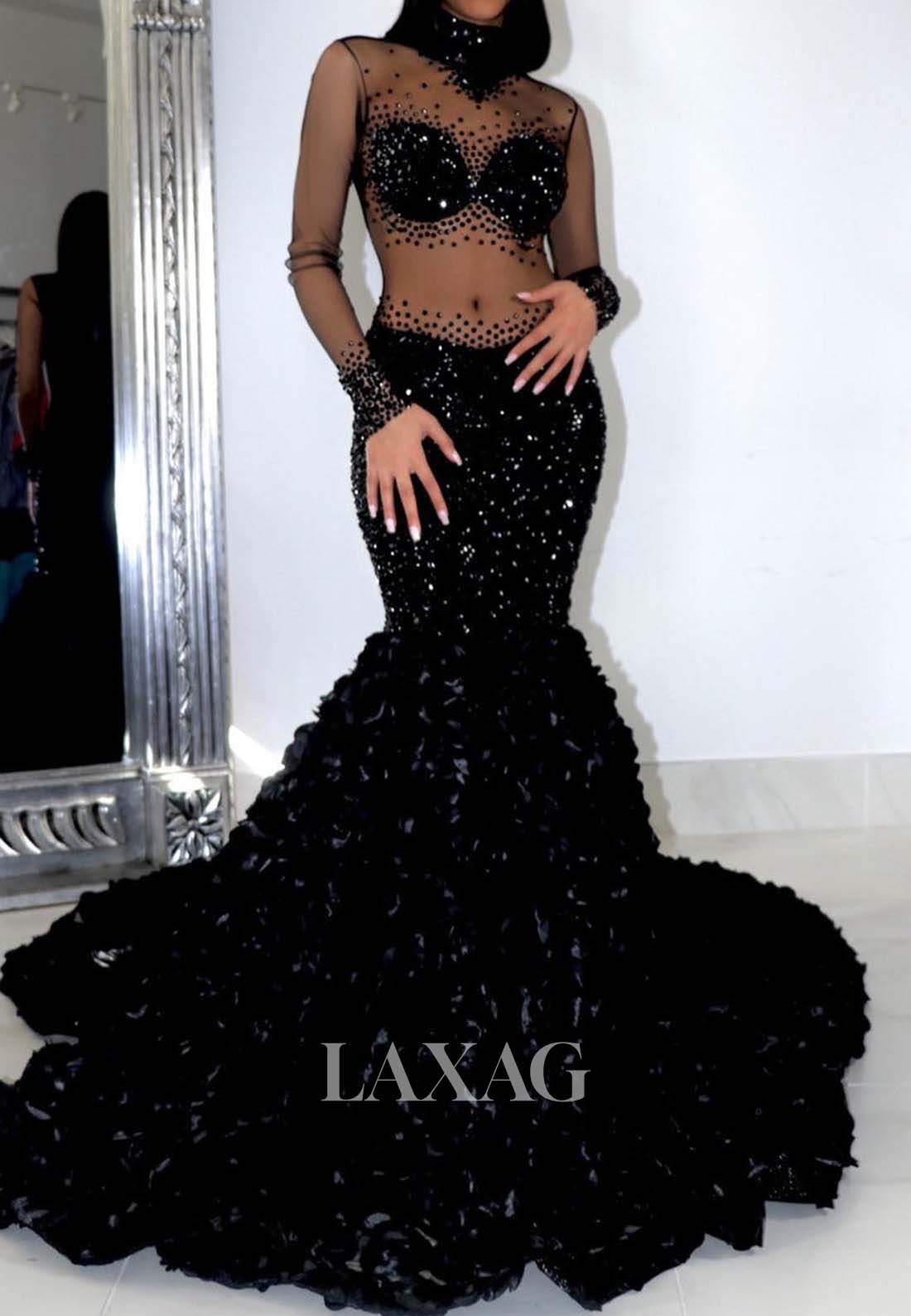 High-Neck Long Sleeves Beaded Sequined illusion Appliques Mermaid Prom Dress for Black Girl Slay