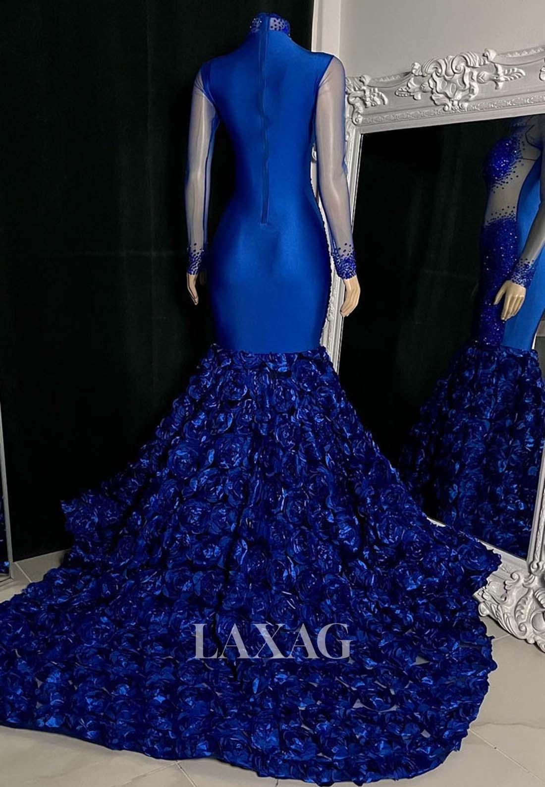 High-Neck Long Sleeves Beaded Sequined illusion Appliques Mermaid Prom Dress for Black Girl Slay